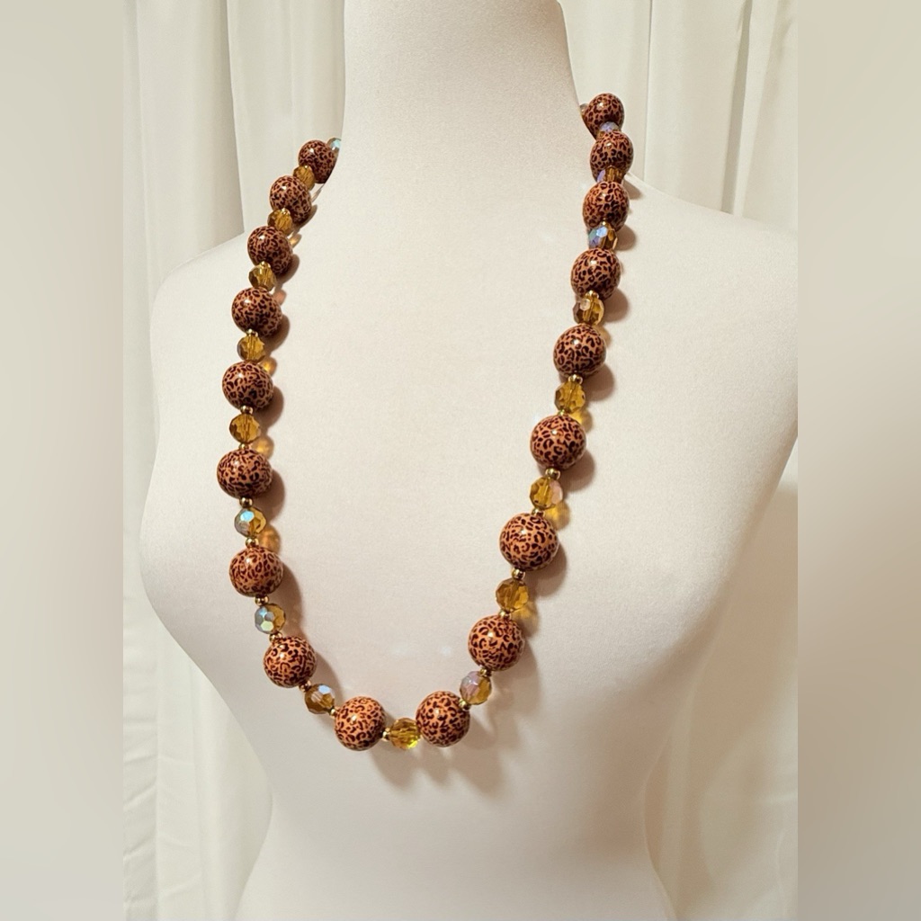 Joan Rivers 30" Animal Print & Amber Crystal Beaded Necklace & Bracelet Set